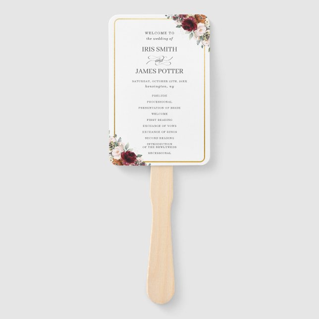 Éventail Rustique Bourgogne Orange Rose Floral Wedding Prog (Devant)