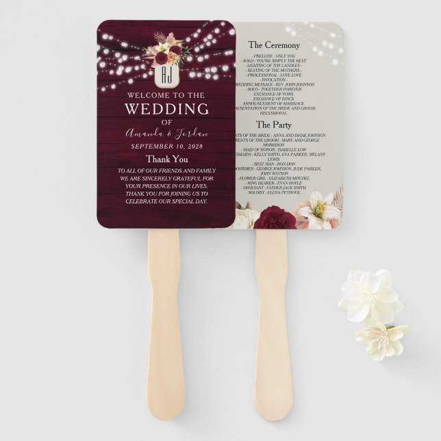 Éventail Rustique Floral Bourgogne Programme de mariage Ven (Devant et derrière)