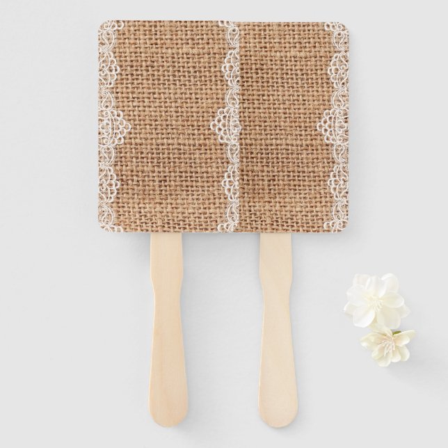 Éventail Sacoche Rustique Burlap avec dentelle blanche. (Devant et derrière)