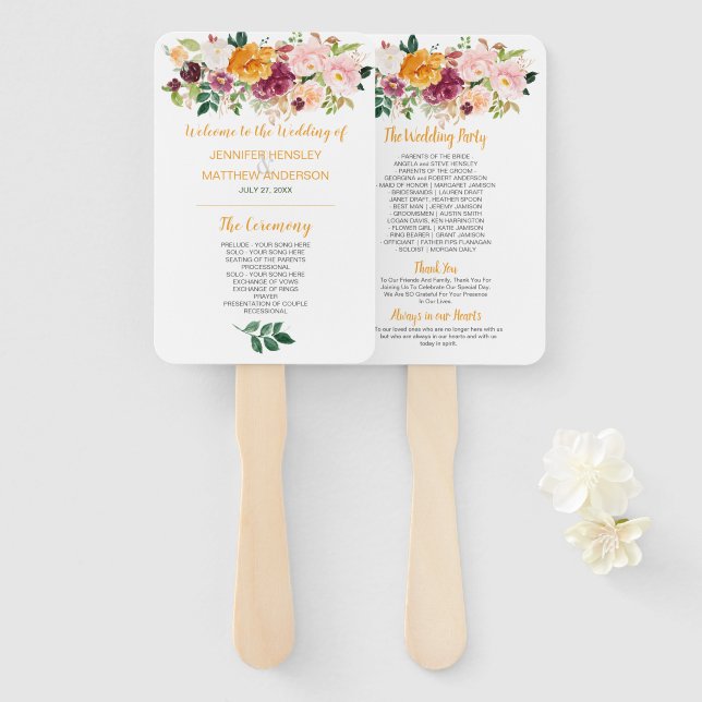 Éventail safran, Bourgogne, Mauve, Mariage rose (Devant et derrière)