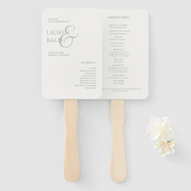 Éventail Sage Green & Ivory Monogram Programme de mariage (Devant et derrière)