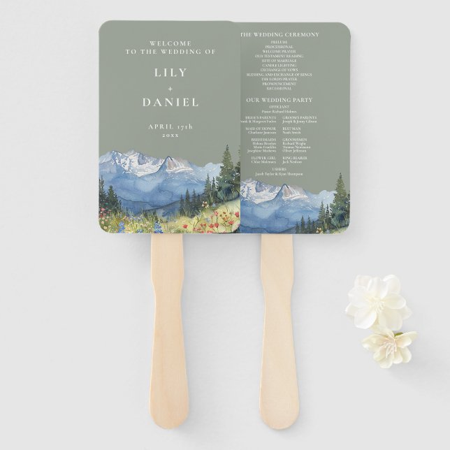 Éventail Sage Green Watercolor Mountain Wedding Programme (Devant et derrière)