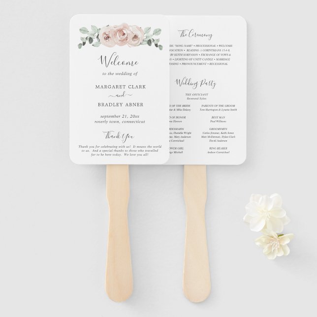 Éventail Sage Greenery Dusty Rose Floral Wedding Programme (Devant et derrière)
