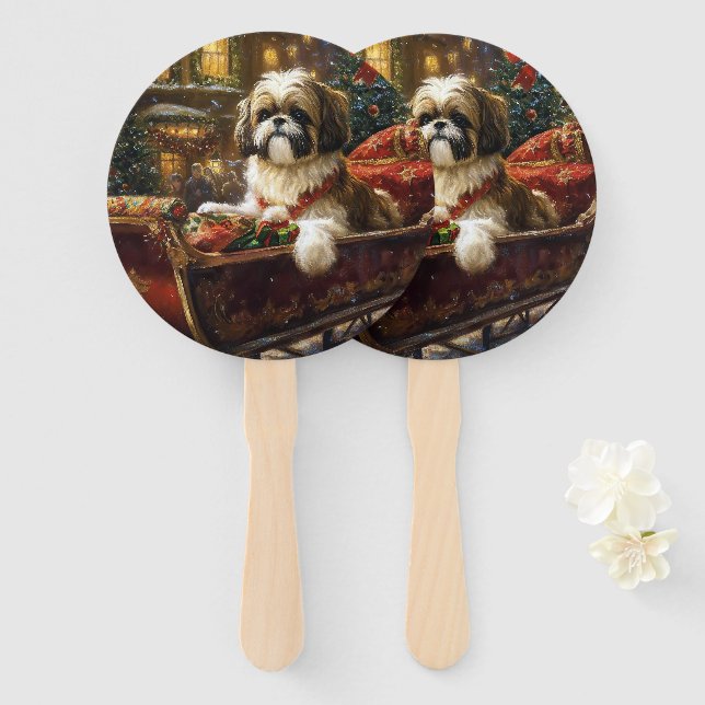 Éventail Saison de Noël Shih Tzu (Devant et derrière)