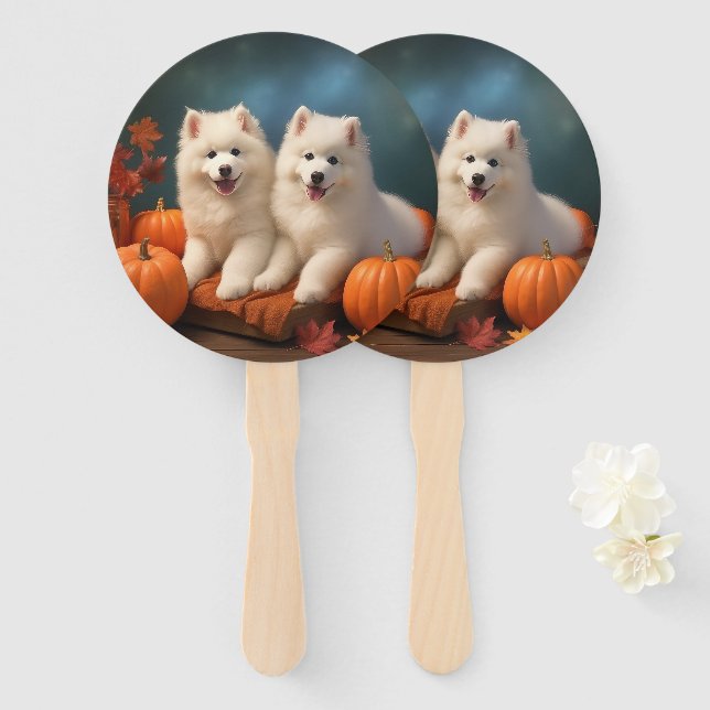Éventail Samoyed Chiot Automne Citrouille de plaisir (Devant et derrière)