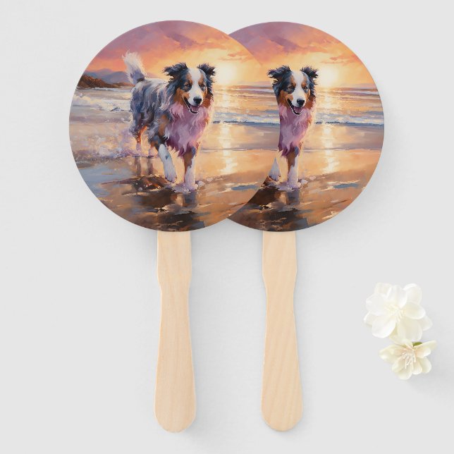 Éventail Sandy Australian Shepherd Dog on Beach Sunset (Devant et derrière)