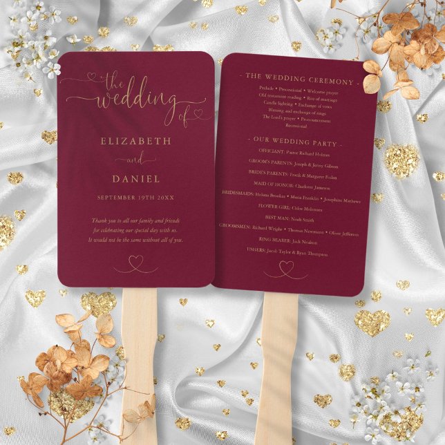 Éventail Script Coeur Bourgogne Et Programme De Mariage Or (Heart Script Burgundy And Gold Wedding Program Hand Fan)