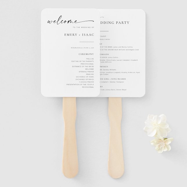 Éventail Script minimaliste moderne Chic Mariage Programme  (Devant et derrière)
