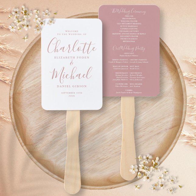 Éventail Script moderne Dusty Rose Wedding Programme (Modern Script Dusty Rose Wedding Program Hand Fan)
