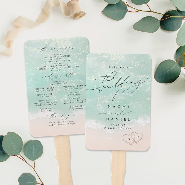 Éventail Script moderne Sand Hearts Beach Wedding Programme (Modern Script Sand Hearts Beach Wedding Program Hand Fan)