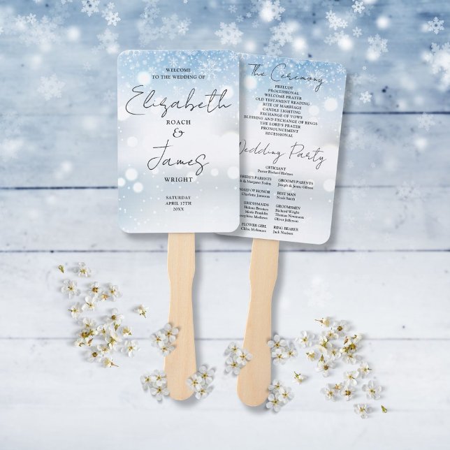 Éventail Script moderne Snowflakes Programme de mariage d'h (Modern Script Snowflakes Winter Wedding Program Hand Fan)