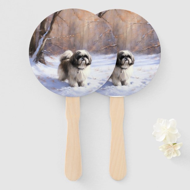 Éventail Shih Tzu Laisse Neige Noël (Devant et derrière)