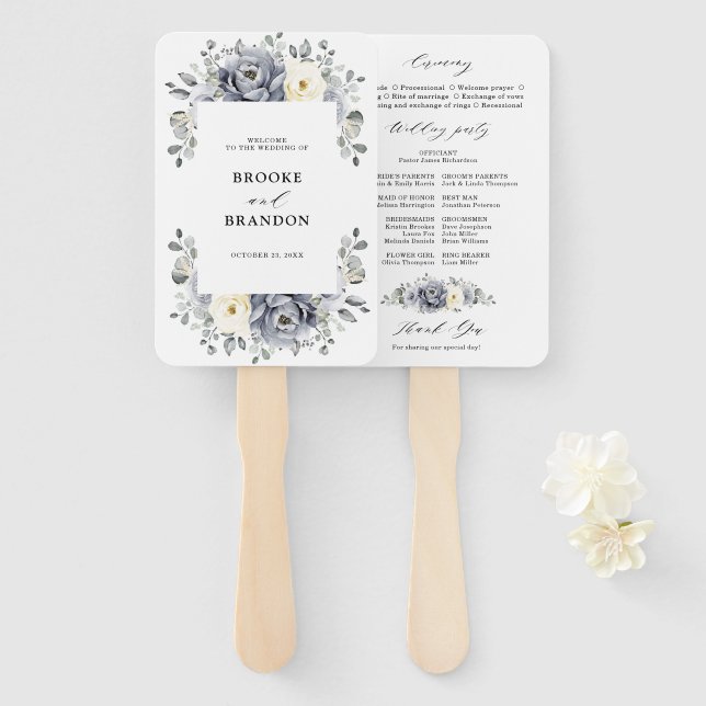 Éventail Silver Grey Ivory Floral Winter Wedding Programme (Devant et derrière)