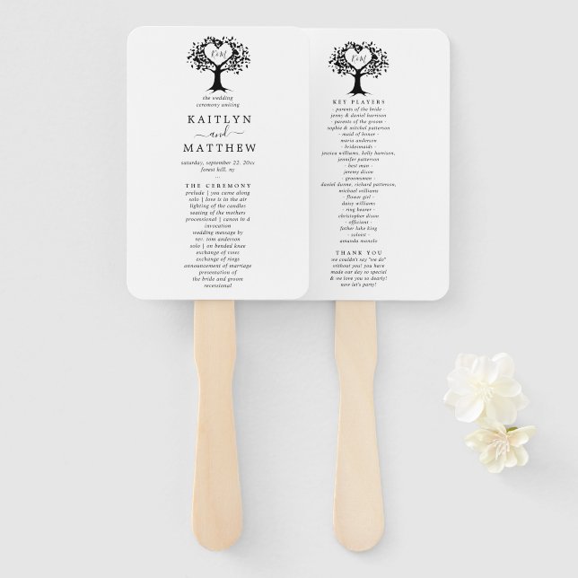 Éventail Simple Mariage de l'arbre cardiaque du Monogramme  (Devant et derrière)