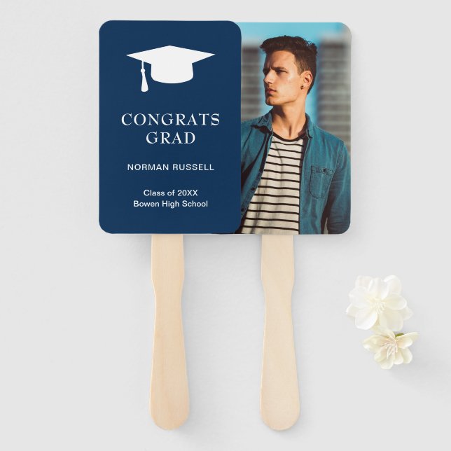 Éventail Simple Mortier Board Marine Blue Photo Graduation (Devant et derrière)
