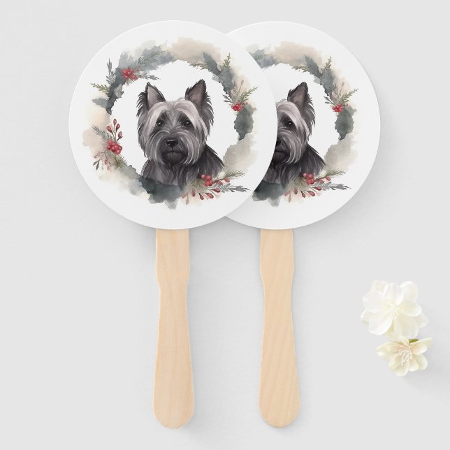 Éventail Skye Terrier Fête de Noël Wreath Pup (Devant et derrière)