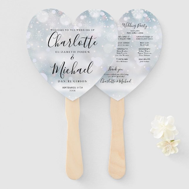Éventail Snowflakes - hiver Programme de mariage Script Coe (Devant et derrière)