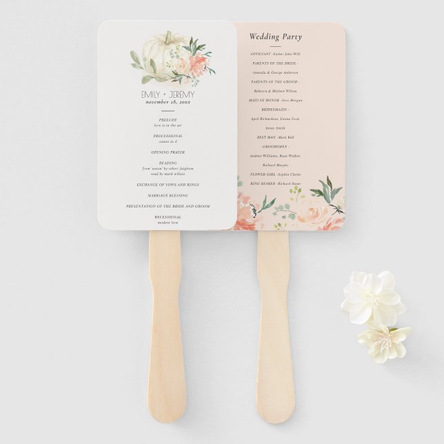 Éventail Soft White Citrouille Blush Floral Wedding Program (Devant et derrière)