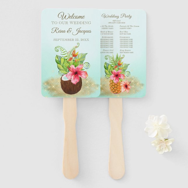 Éventail Soirée de mariage à la noix de coco florale tropic (Devant et derrière)