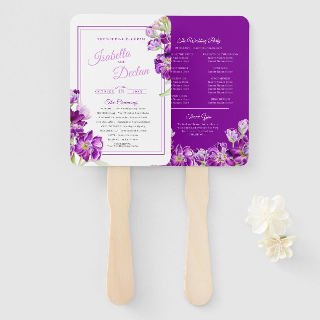 Éventail Stock fleurs violet aquarelle programme de mariage (Devant et derrière)