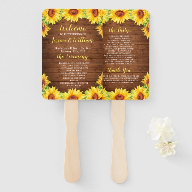 Éventail Sunflower de bois Programme de mariage rustique de (Devant et derrière)