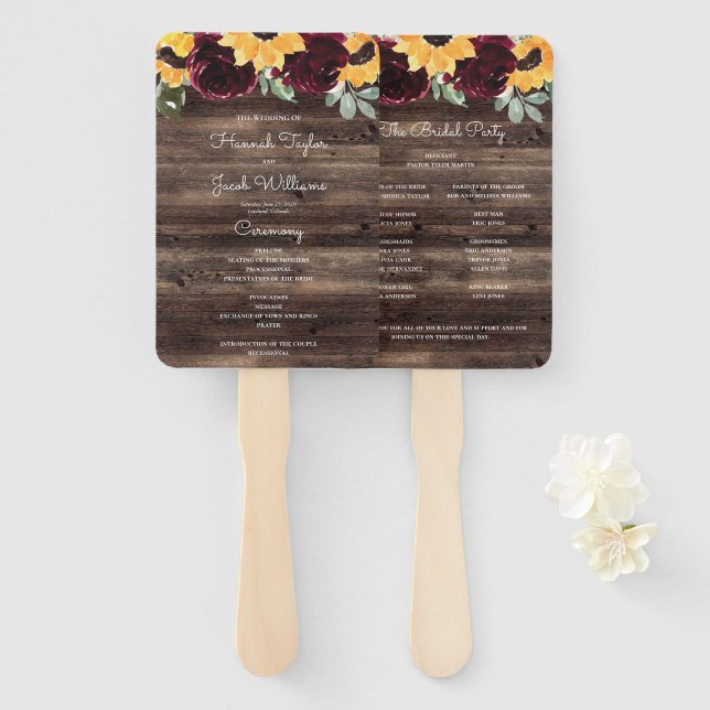 Éventail Sunflower et Rose Rustic Wood Wedding Program (Devant et derrière)