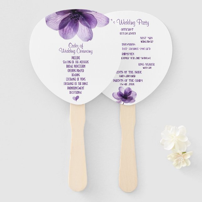 Éventail Superbe Programme de mariage de fleurs violettes (Devant et derrière)