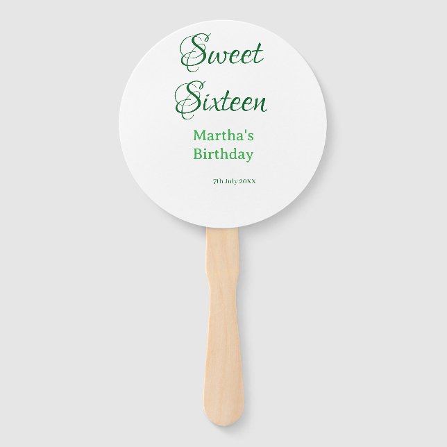 Éventail Sweet Sixteen green name date calligraphy boho ret (Devant)