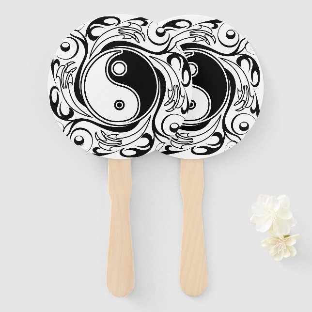 Éventail Symbole Yin et Yang Style tatouage noir et blanc (Devant et derrière)