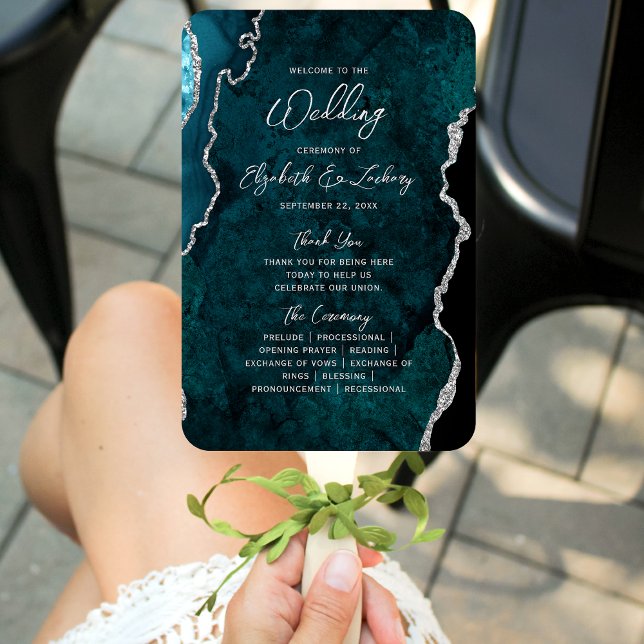 Éventail Teal Blue Silver Agate Script Wedding Program (Créateur téléchargé)