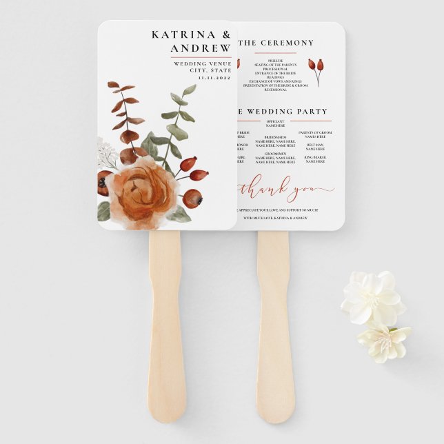 Éventail Terracotta Aquarelle Floral Wedal Programme Fans (Devant et derrière)