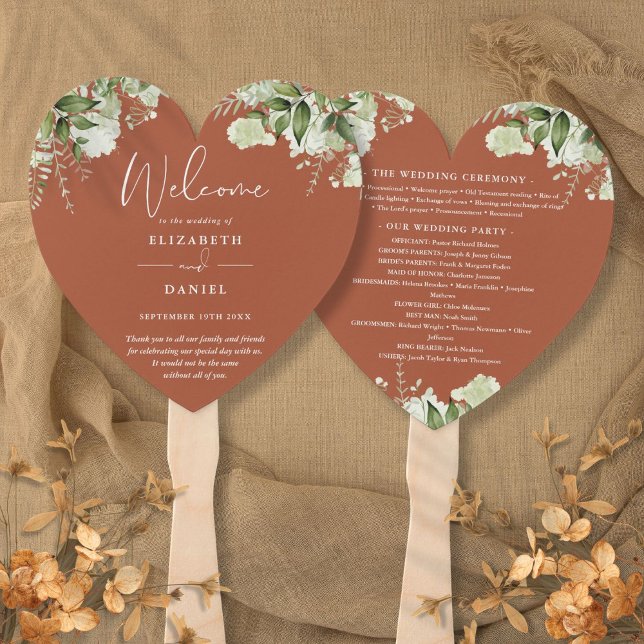 Éventail Terracotta Programme de mariage verdure Coeur (Terracotta Greenery Wedding Program Heart Hand Fan)