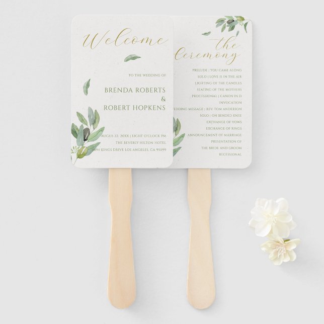 Éventail Toscane moderne Olive Feuille Branche Mariage Hand (Devant et derrière)