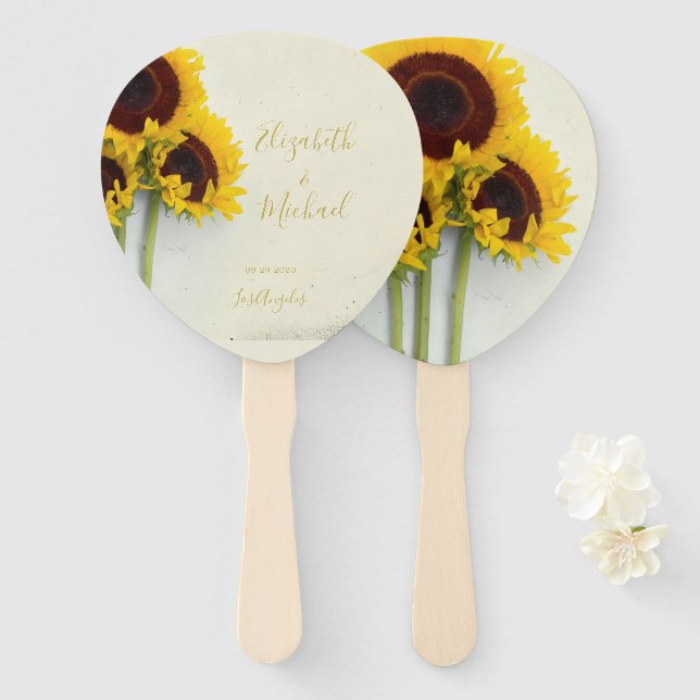 Éventail Tournesol Rustique Floral Mariage couleur or (Devant et derrière)