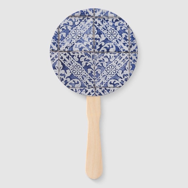 Éventail Tuiles portugaises - Azulejo Floral bleu et blanc (Dos)