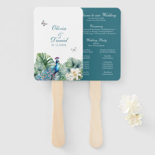 Éventail Turquoise Tropical Flowers Peacock Wedding Program