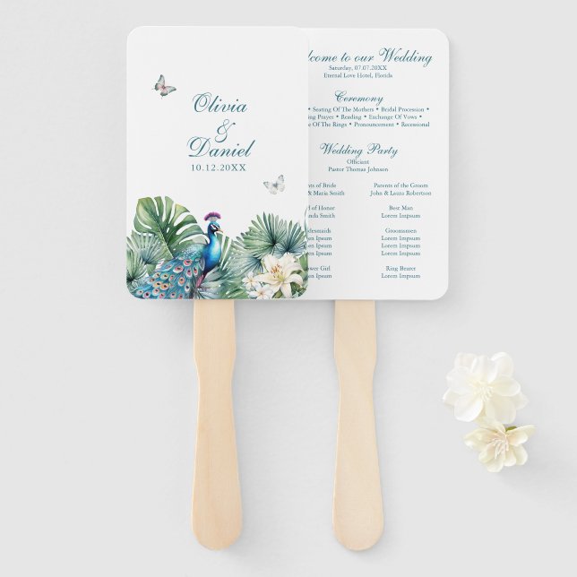 Éventail Turquoise Tropical Flowers Peacock Wedding Program (Devant et derrière)