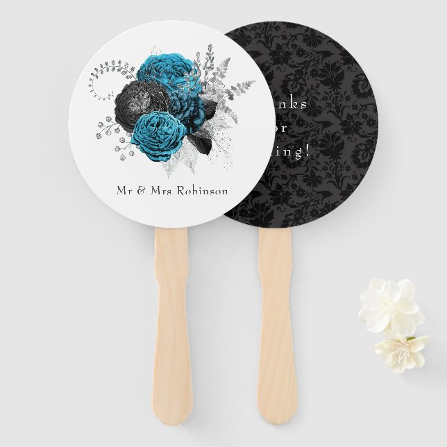 Éventail Turquoise - Turquoise Black and Silver Floral Mari (Devant et derrière)
