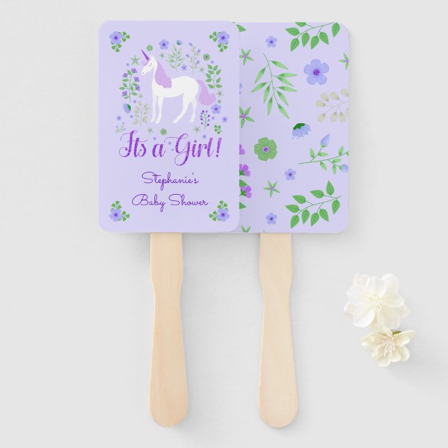 Éventail Unicorn C'Est Une Fille Violet Baby shower Personn (Devant et derrière)