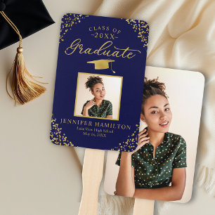 Éventail Ventilateur à main Blue Gold Confetti 2 Photo Grad