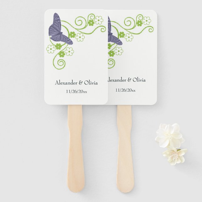 Éventail Ventilateur à main floral à papillon pourpre (Devant et derrière)