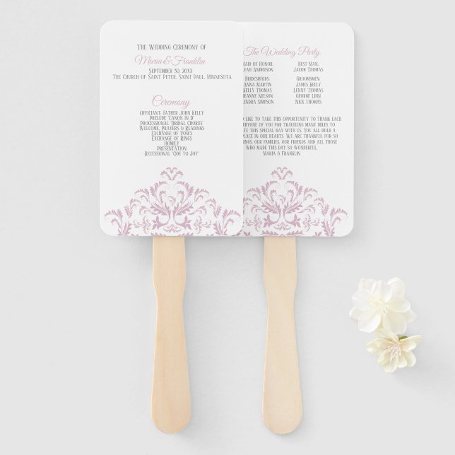 Éventail Ventilateur de programme Mariage damassé élégant r (Devant et derrière)