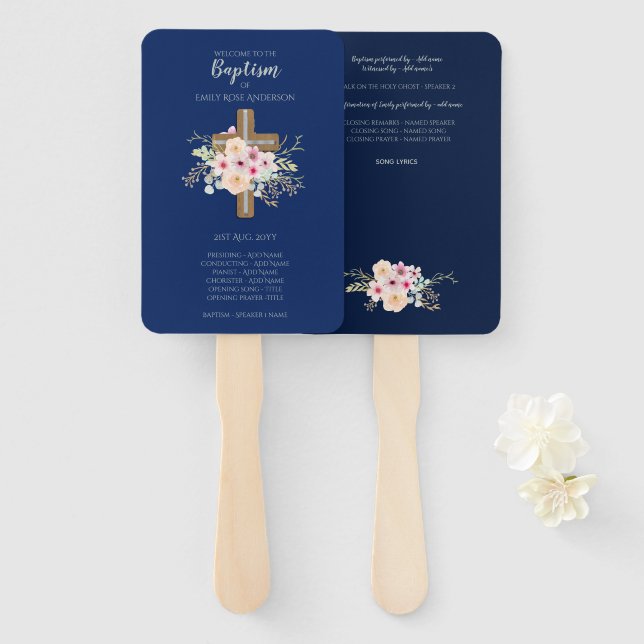 Éventail Ventilateur du programme de baptême - Floral Cross (Devant et derrière)