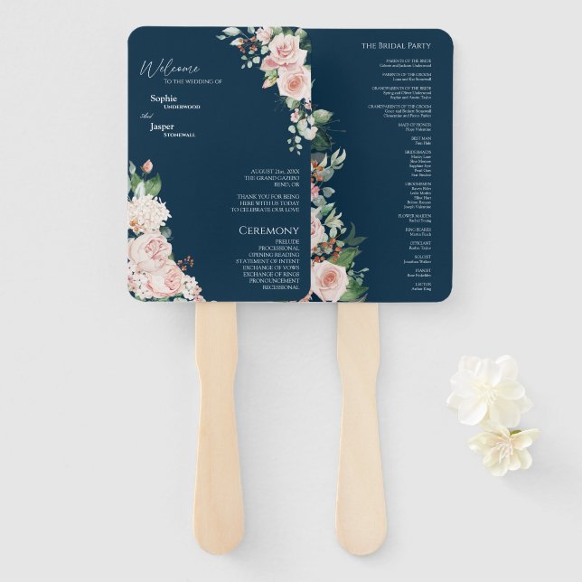 Éventail Ventilateur du programme de mariage Blush Floral N (Devant et derrière)