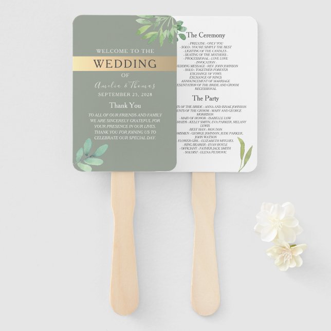 Éventail Ventilateur du programme de mariage botanique Sage (Devant et derrière)
