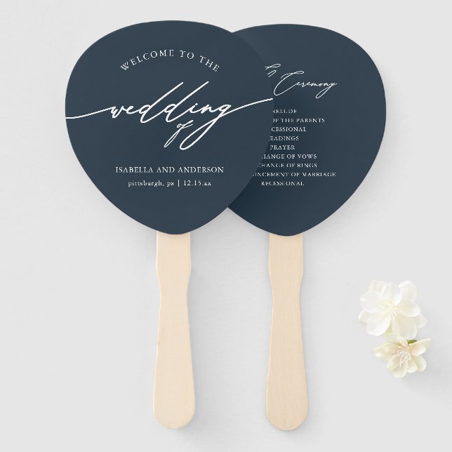 Éventail Ventilateur du programme de mariage chic bleu fonc (Devant et derrière)