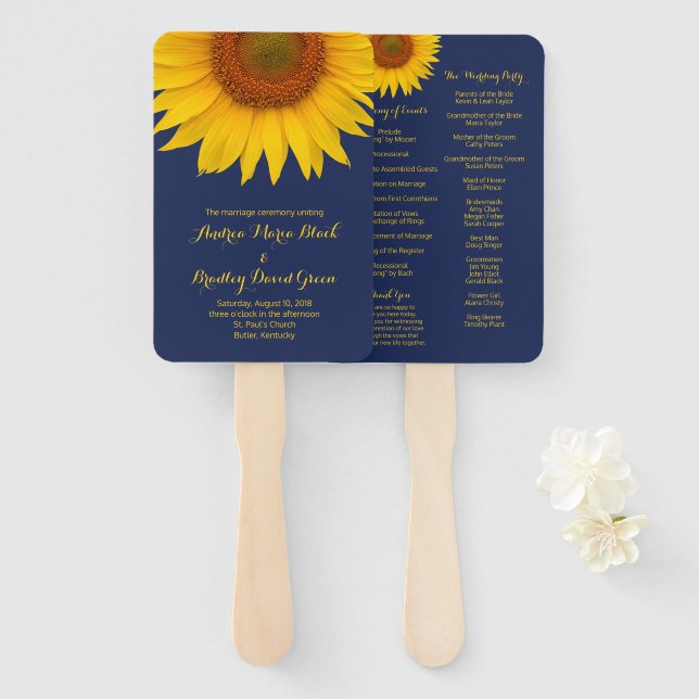 Éventail Ventilateur du programme de mariage de tournesol j (Devant et derrière)