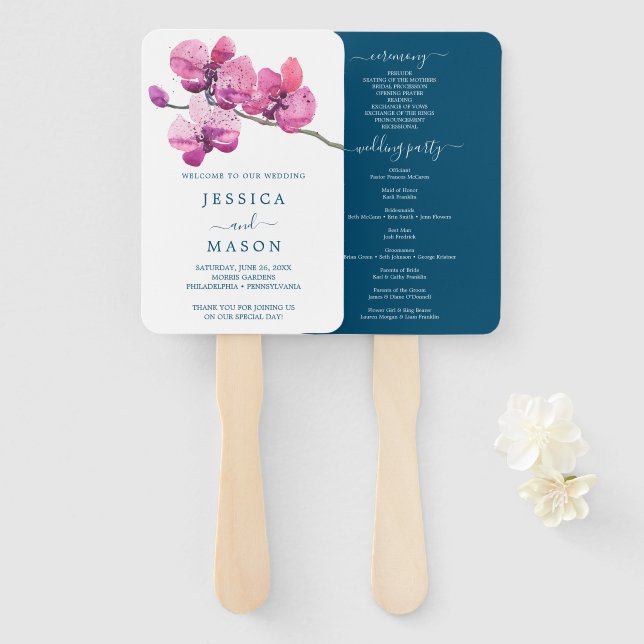 Éventail Ventilateur du programme de mariage des orchidées  (Devant et derrière)