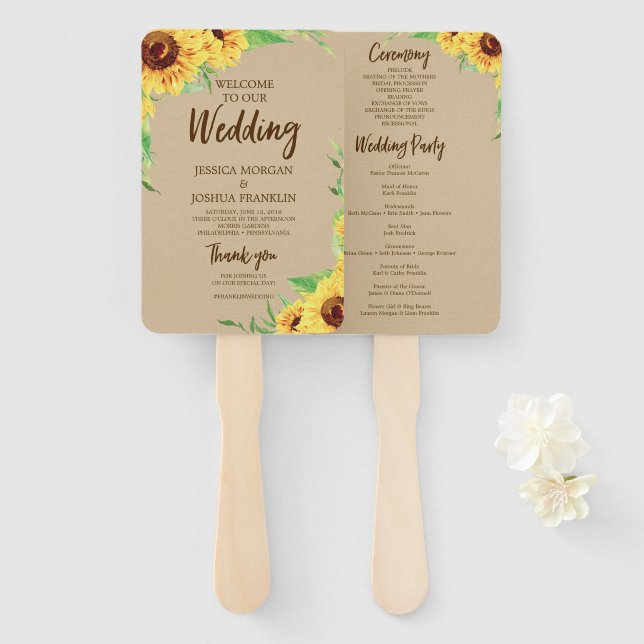 Éventail Ventilateur du programme de mariage des tournesols (Devant et derrière)