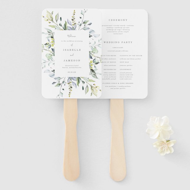 Éventail Ventilateur du programme de mariage Dusty Blue Flo (Devant et derrière)